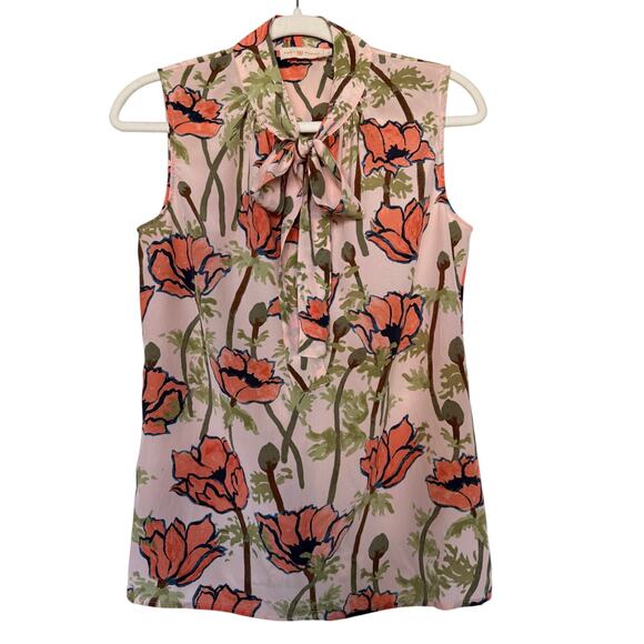 Tory Burch Tops - Tory Burch 4 Pink Poppy Floral 100% Silk Sleeveless Tie Neck Bow Blouse Top ITEM